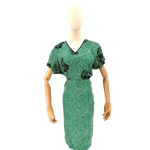 Vintage 80s Green Paisley Satin Custom Made Tribal Boho Skirt Set